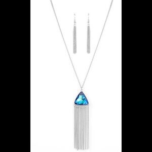 PROUDLY PRISMATIC - BLUE UV SHIMMER TRIANGLE GEM SILVER FRINGE NECKLACE